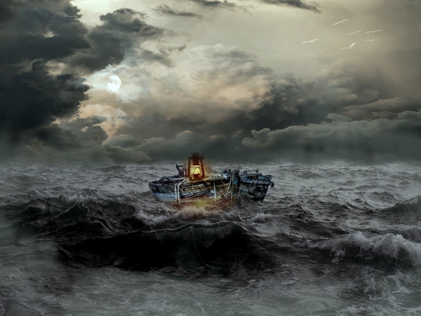 boat, storm, sea, waves, overcast