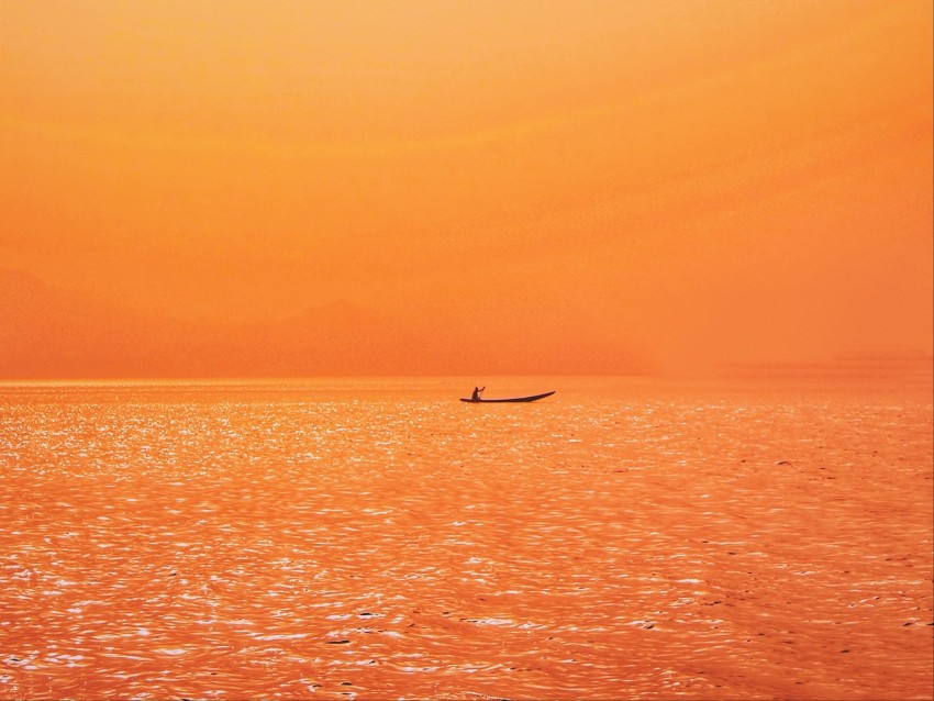 Boat Sunset Sunlight Red Lake Ripples Background