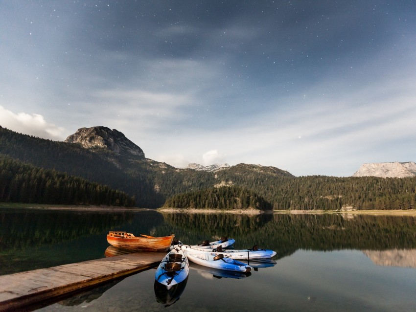 boats, mountains, lake, pier, starry sky, stars