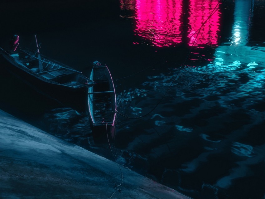 boats, water, night, dark, reflection