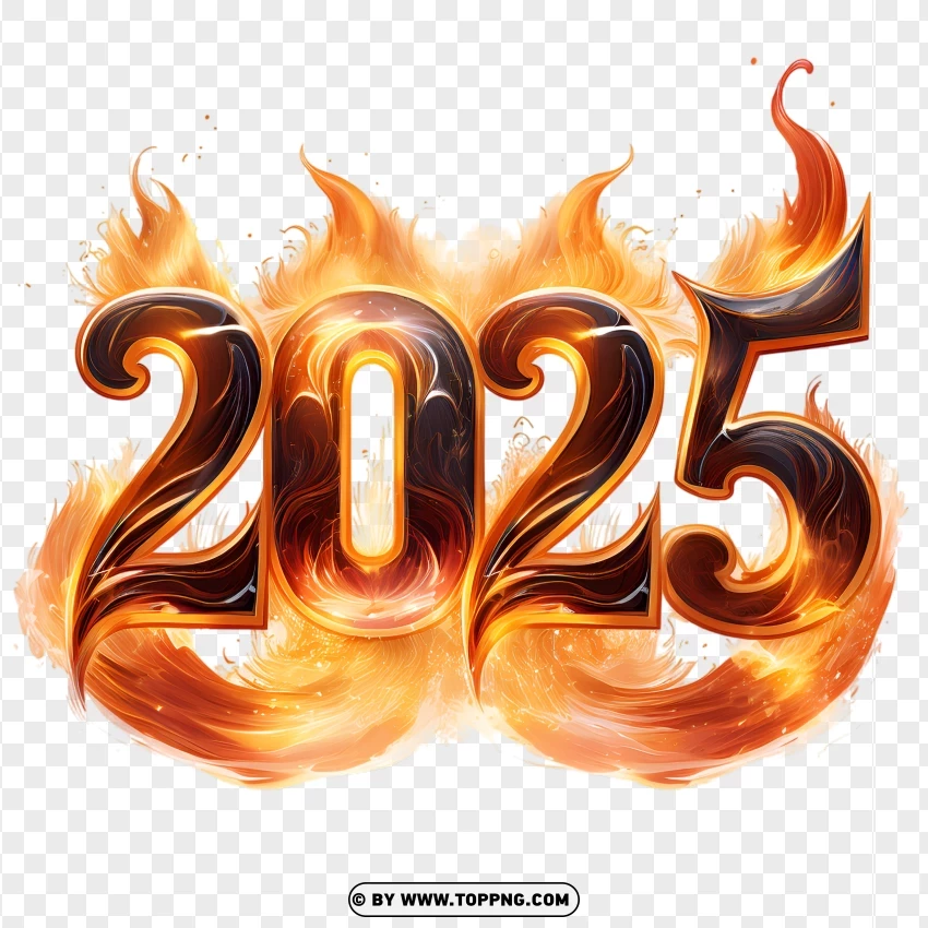 Bold 2025 Text With Fiery Flames PNG Transparent Background