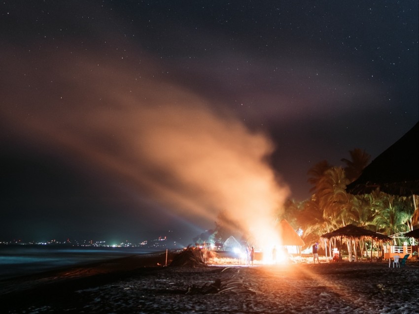 Bonfire Beach Night Starry Sky Smoke Palm Trees Bright Background