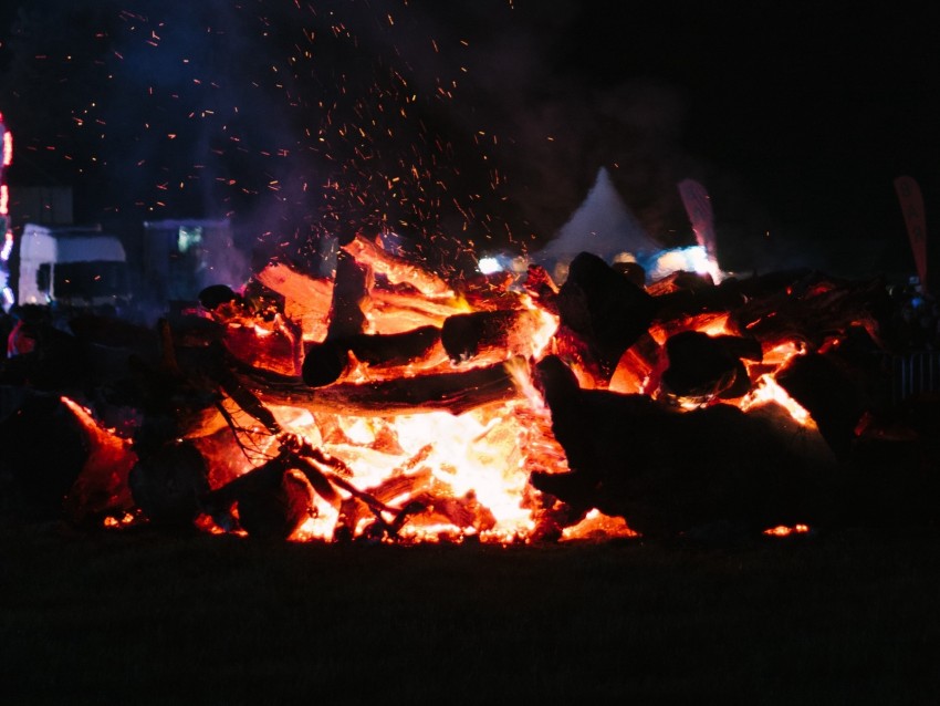 bonfire, fire, sparks, night, camping