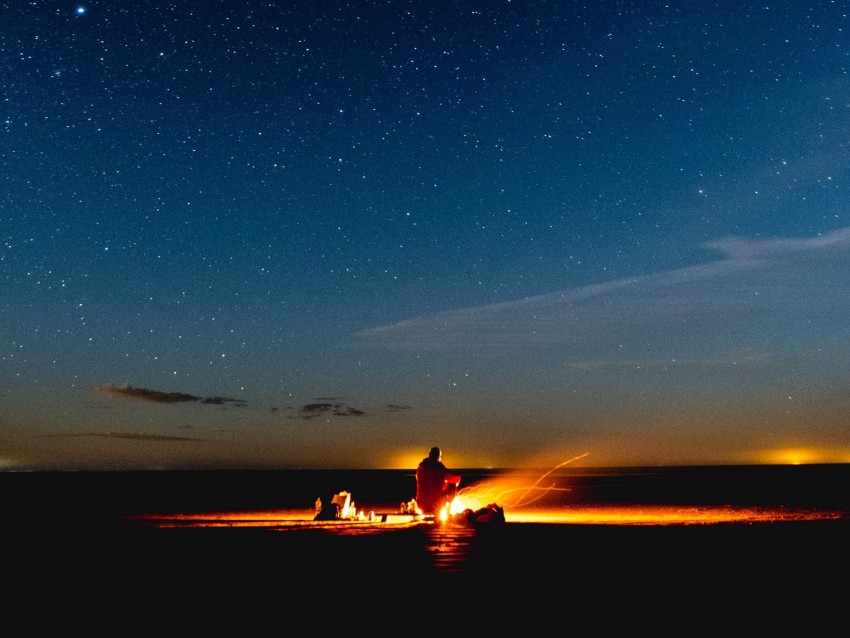 Bonfire Silhouette Camping Starry Sky Night Background