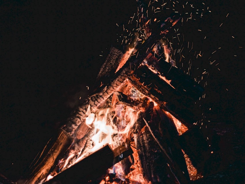 Bonfire Sparks Fire Firewood Dark Darkness Background