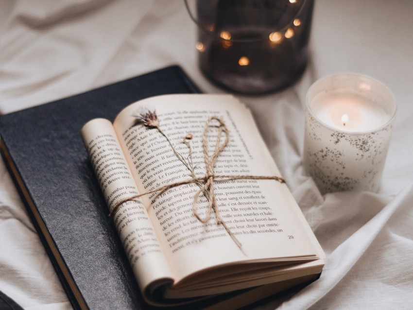 book, candle, bottle, thread, herbarium