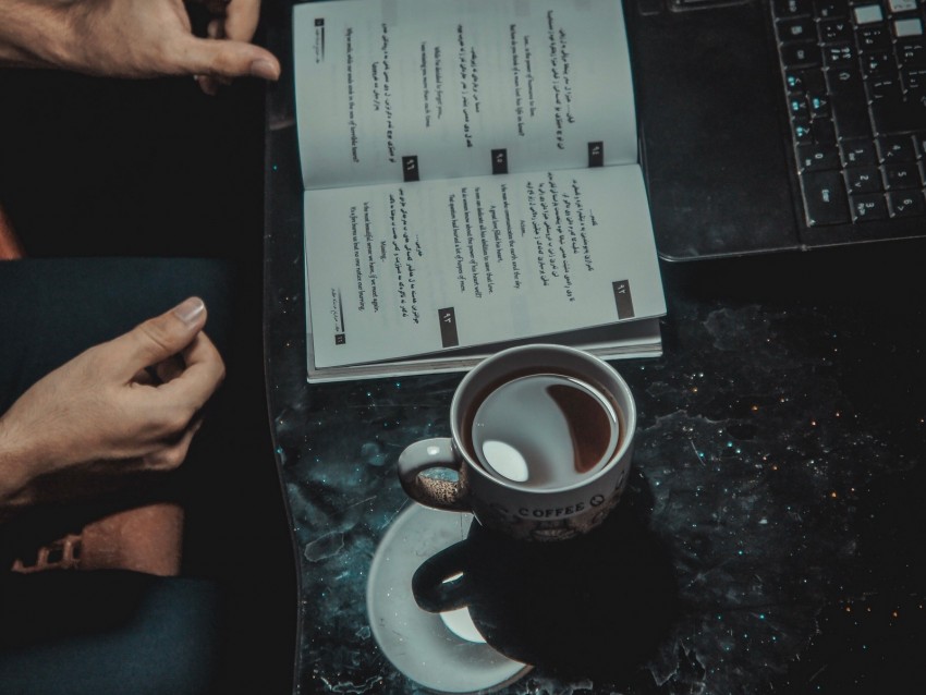 book, cup, laptop, hands, mood