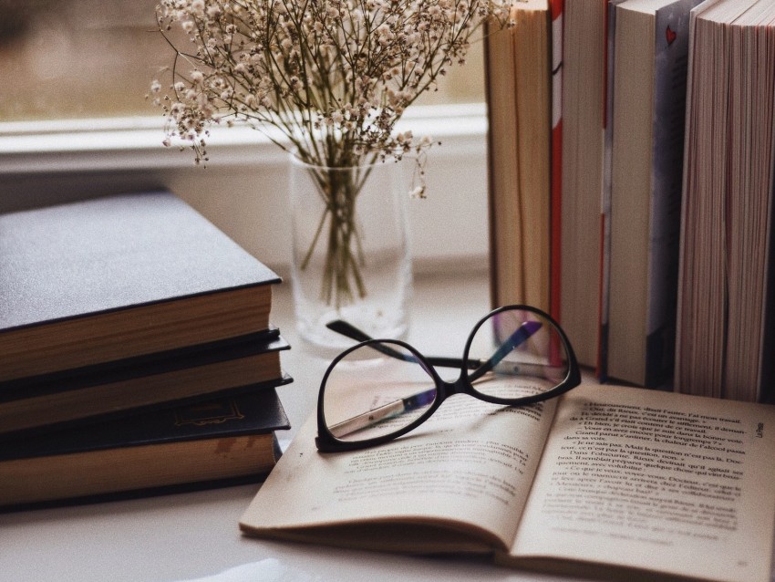 Books Glasses Vase Window Window Sill Flowers Background