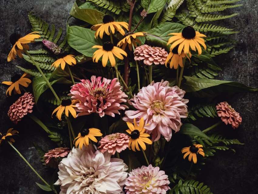 Bouquet Flowers Colorful Fern Composition Background