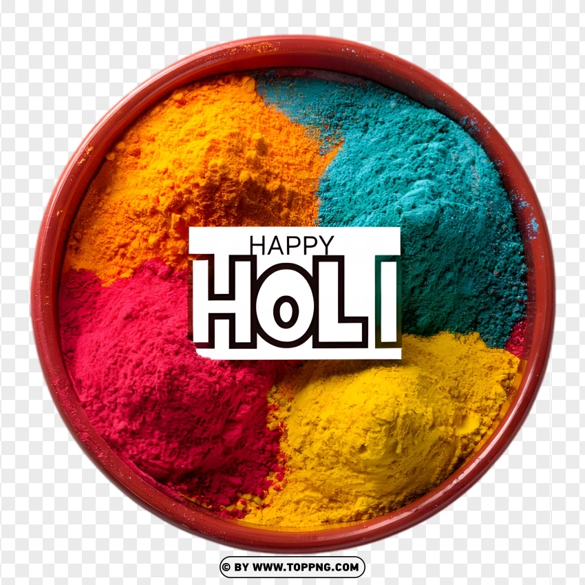 Bowl Filled With Multiple Colors Of Holi Powders And Happy Holi Text On Top PNG Transparent Background