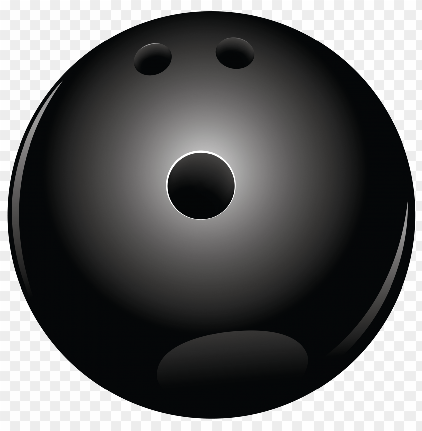 Black bowling ball with two finger holes on a transparent background.