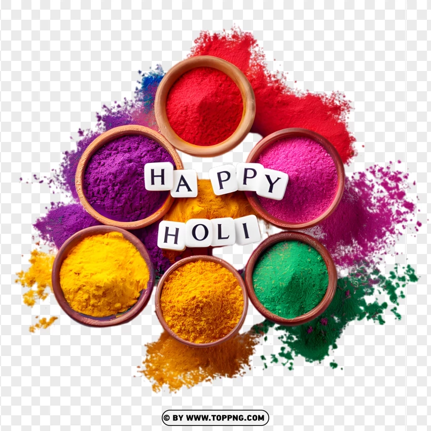 Bowls Of Different Holi Powders With Happy Holi Text In The Center PNG Transparent Background