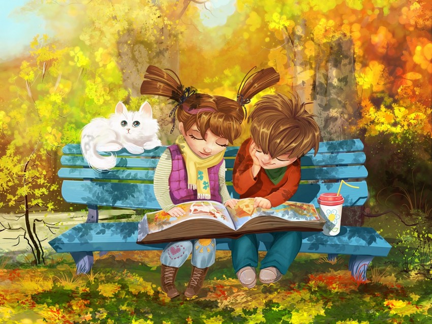 boy, girl, cat, bench, park, cute