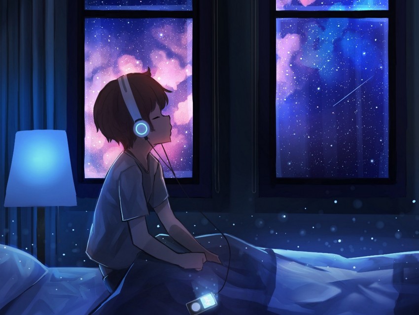 boy, night, headphones, starry sky, art