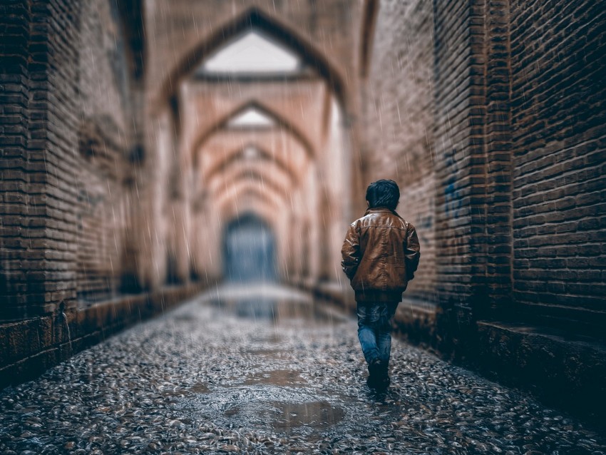 Boy Street Rain Walls Arches Stone Background