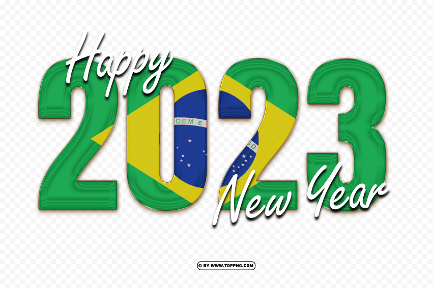 Brazil Flag With Happy 2023 New Year Text PNG Transparent Background