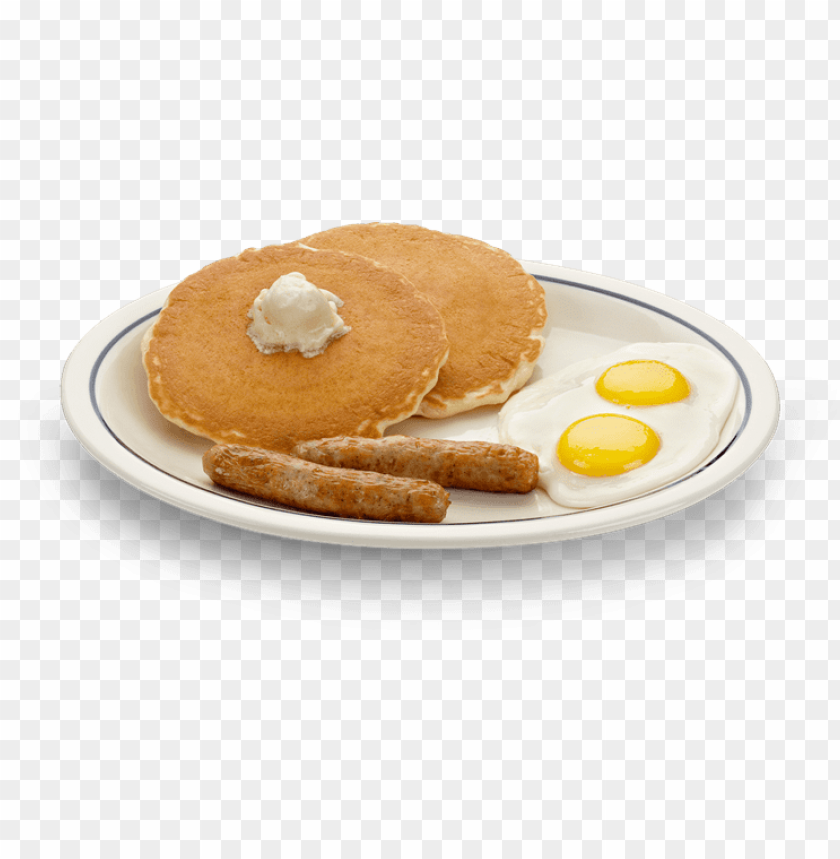 pancakes, breakfast food, eggs, sausage links, buttery topping, brunch meal, served on plate