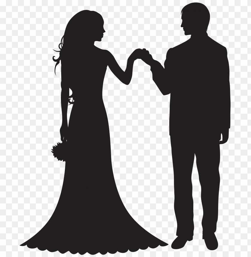 Silhouette of a bride and groom holding hands in a wedding setting