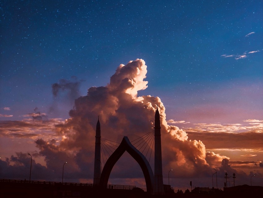 bridge, arch, clouds, twilight, starry sky, architecture