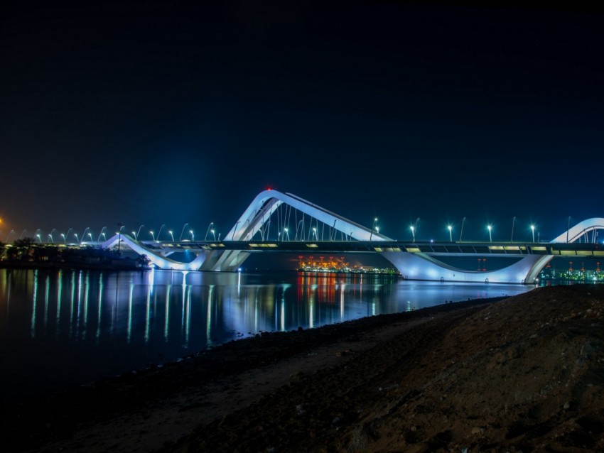 bridge, architecture, night city, city lights, abu dhabi, united arab emirates