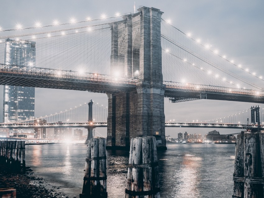 Bridge Fog Night City City Lights Backlight Background