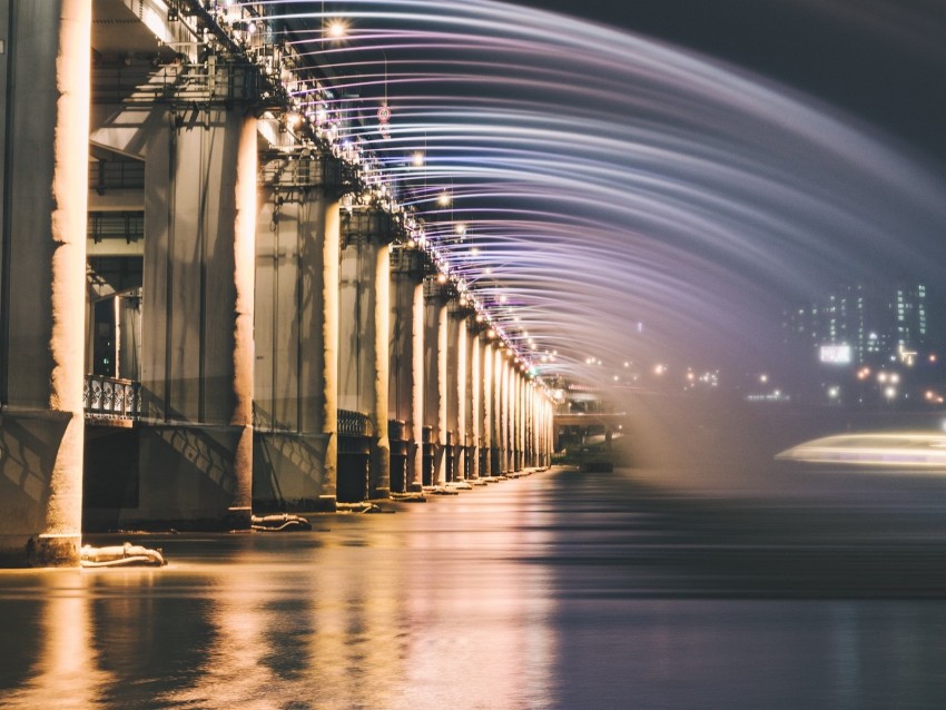 bridge, fountain, backlight, river, night, architecture