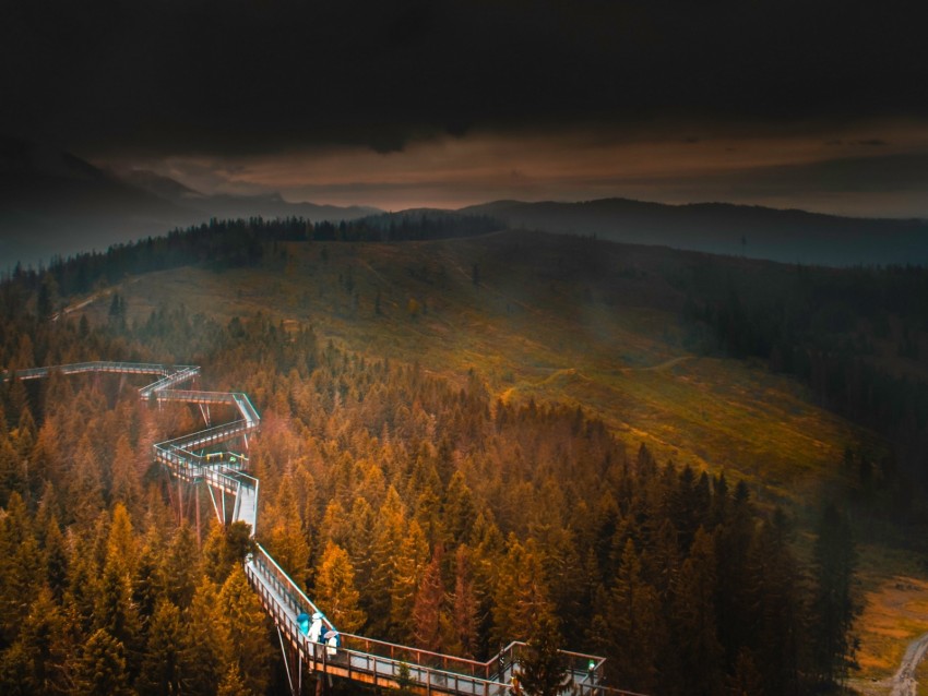 bridge, mountains, fog, clouds, aerial view