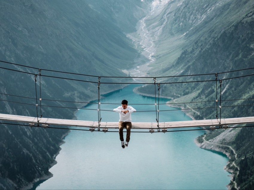 Bridge Mountains Man Height Loneliness Background