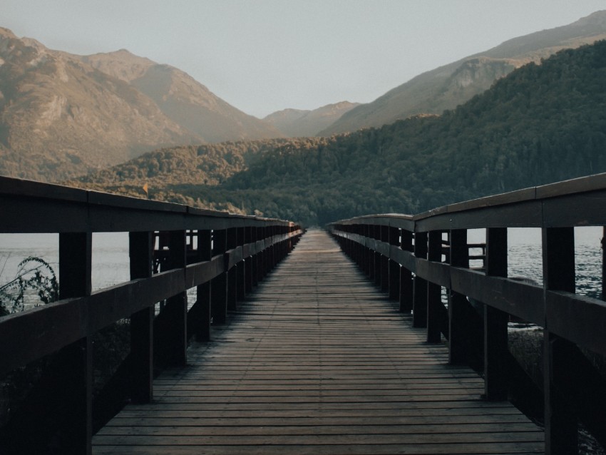 bridge, mountains, river, water, wooden