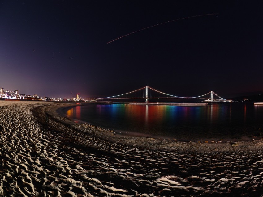 Bridge Night Backlight Reflection Coast Background