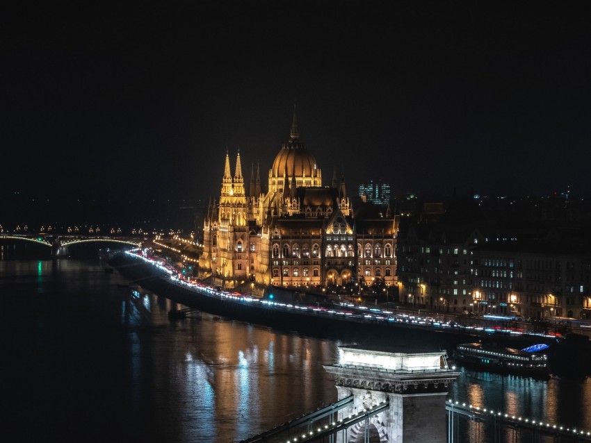 bridge, night city, city lights, budapest, hungary