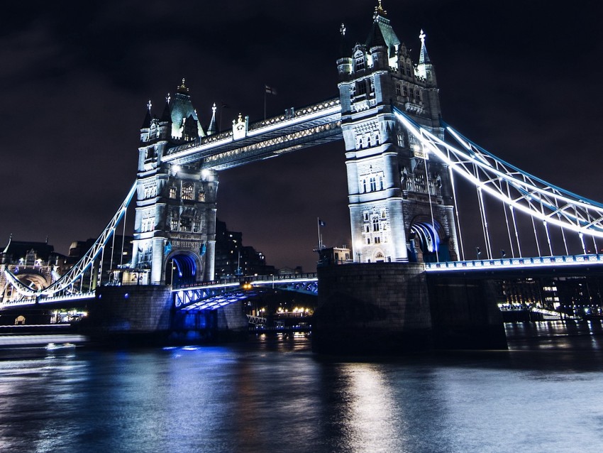 bridge, night city, city lights, lights, water, sky