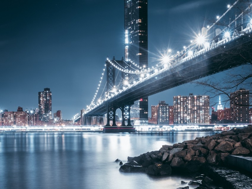 bridge, night city, coast, city lights, stones