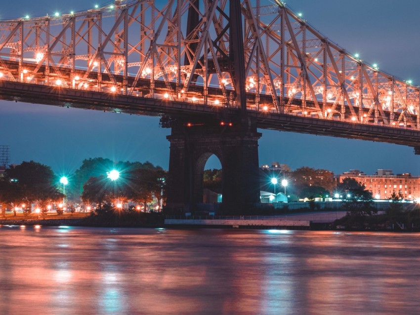 bridge, night city, lighting, city lights, new york, usa