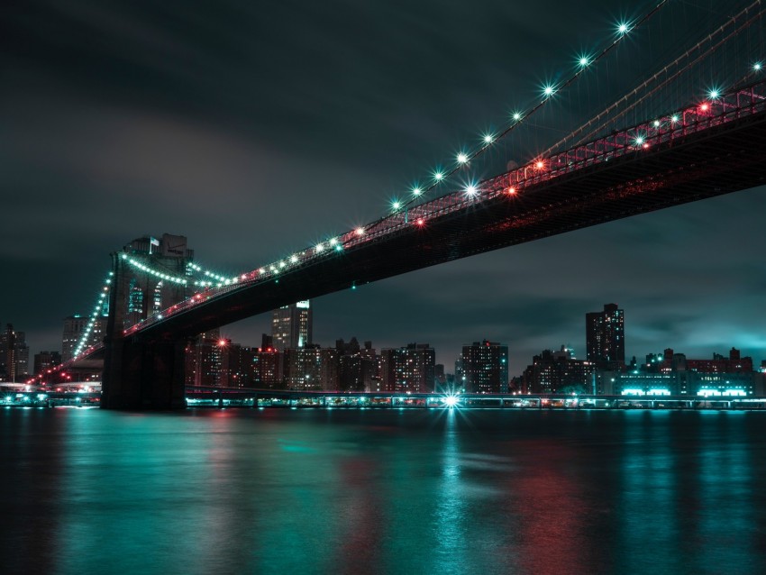 bridge, night city, lights, city lights, brooklyn, usa