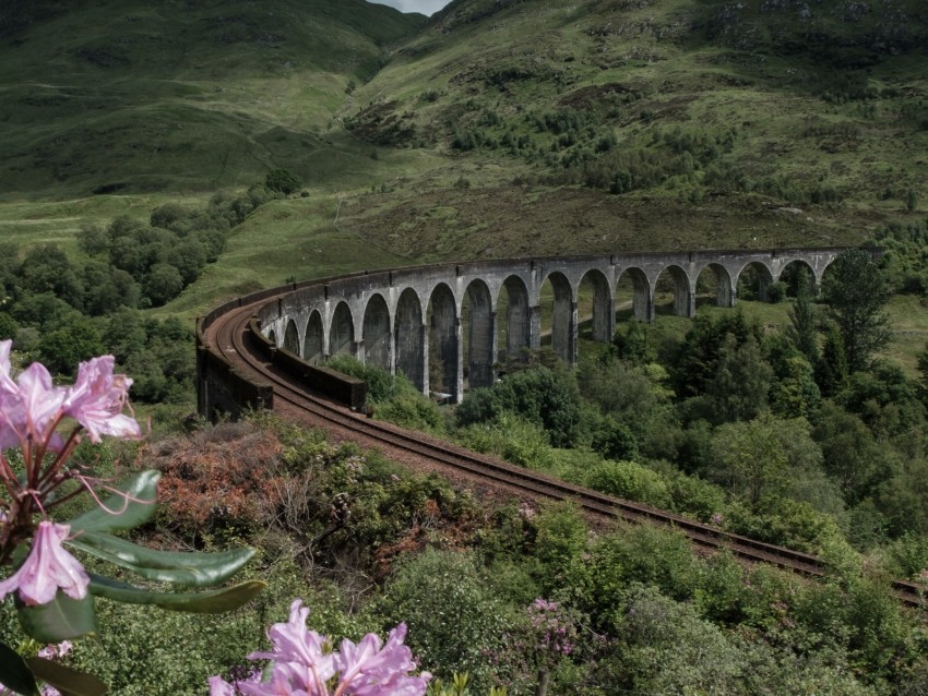 bridge, railway, mountains, hills, landscape