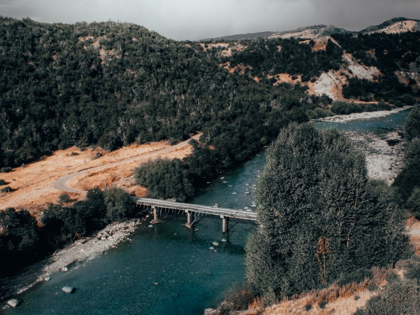 bridge, river, aerial view, mountains, landscape, clouds