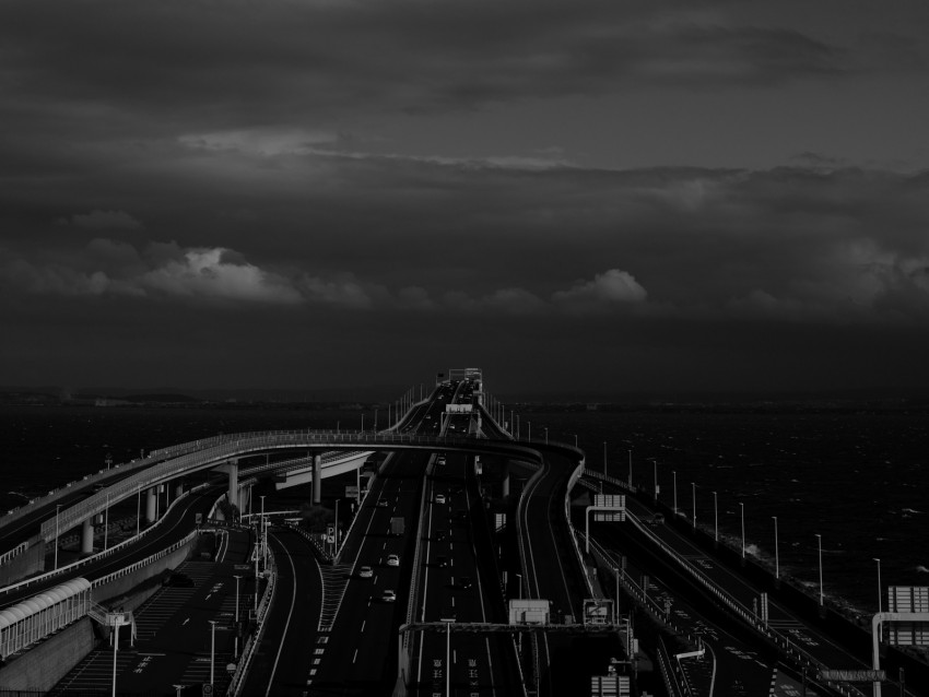 bridge, road, tangled, bw, dark