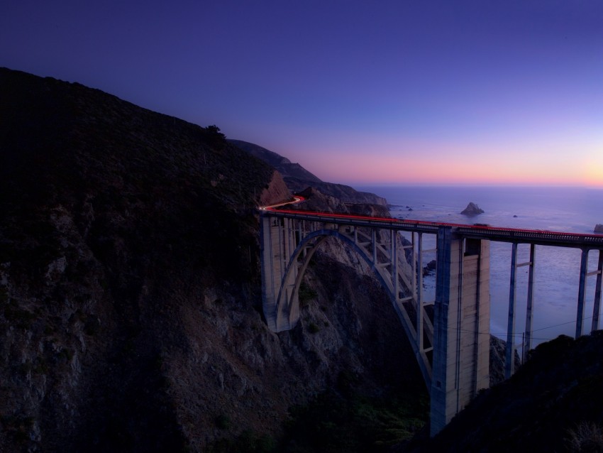 Bridge Sea Cliff Lights Night Sky Long Exposure Background