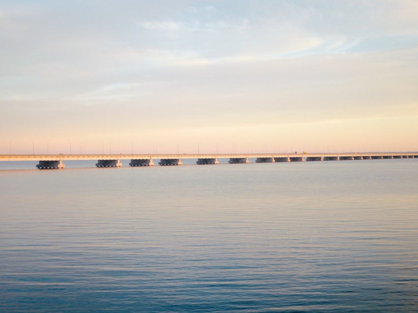 bridge, sea, water, sky, horizon