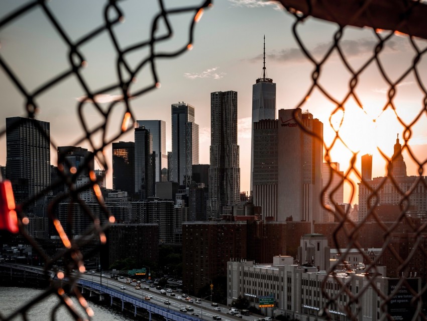 bridge, skyscrapers, mesh, fence, sunlight