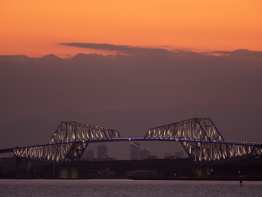 bridge, sunset, backlight, bay, architecture