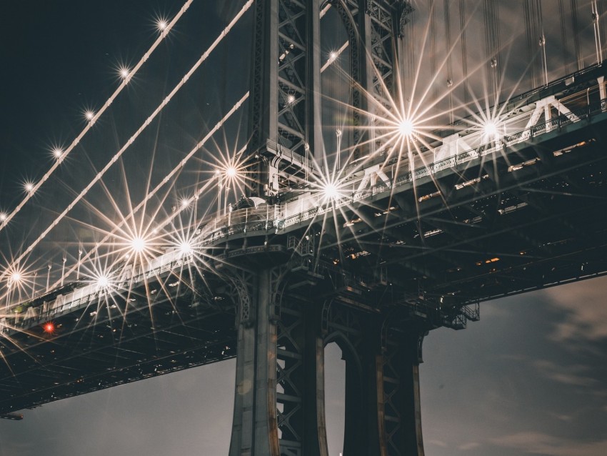 bridge, support, lights, river, city, construction, architecture