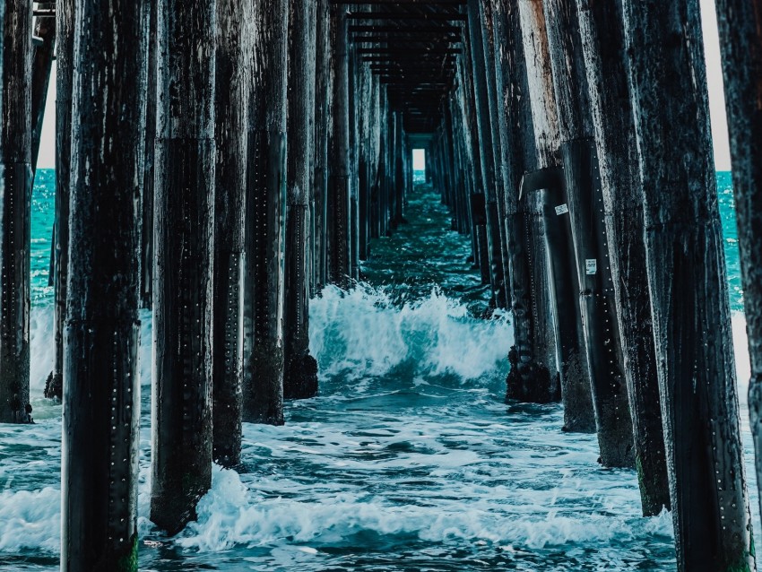 bridge, supports, water, waves