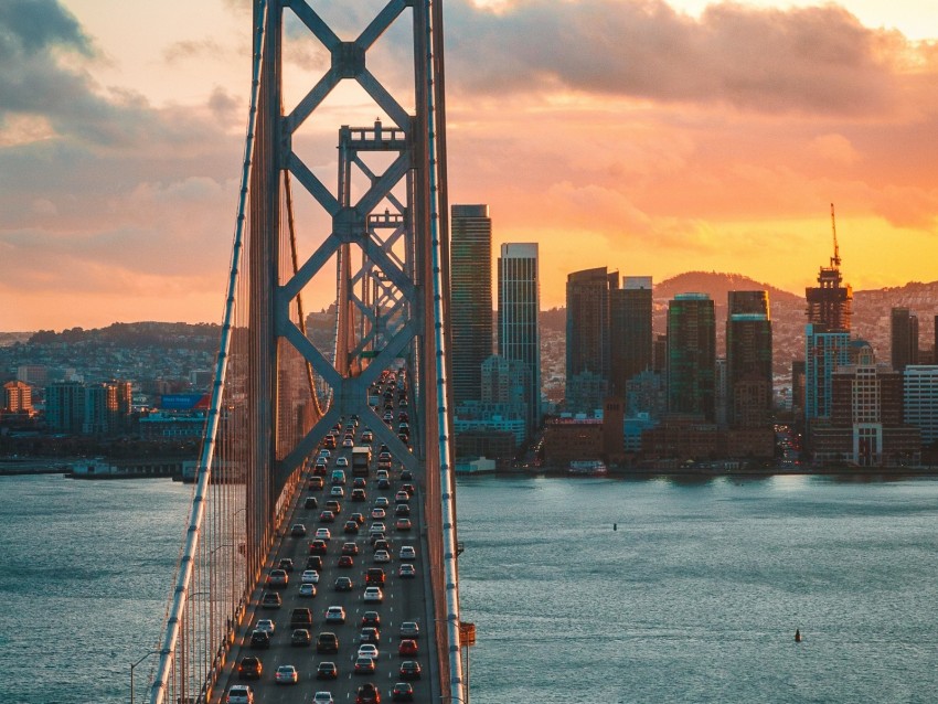 bridge, traffic, motion, sunset, city, san francisco, united states