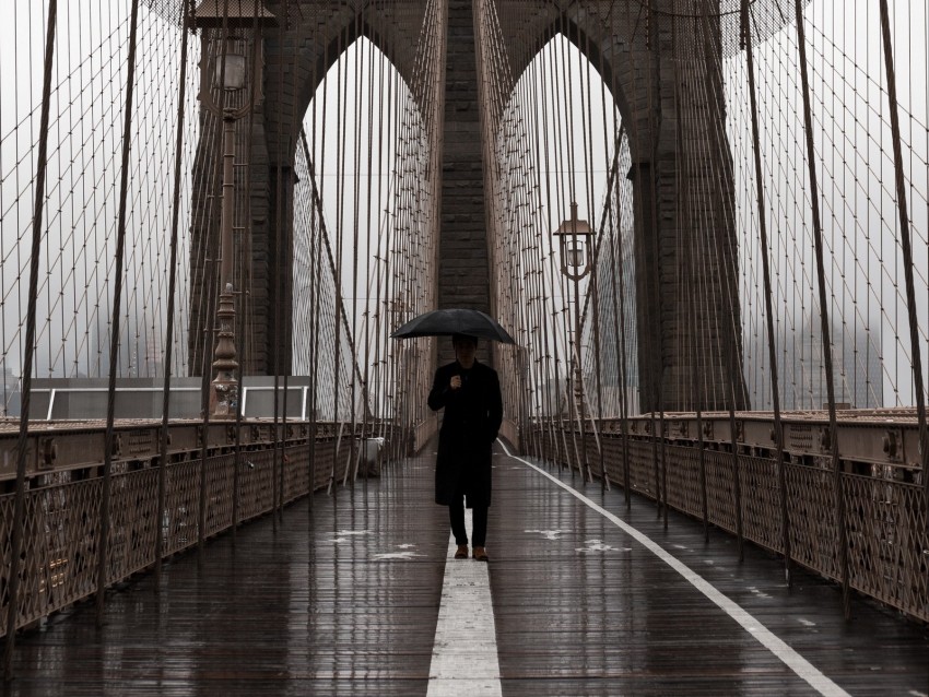 bridge, umbrella, man, silhouette, lonely, design