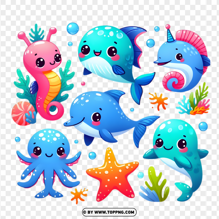 Adorable Cartoon Sea Animals Clipart Creatures Compilation PNG Transparent Background