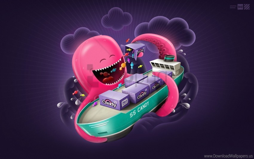 octopus, candy, colorful sweets, cartoon ship, dessert, playful character, confectionery