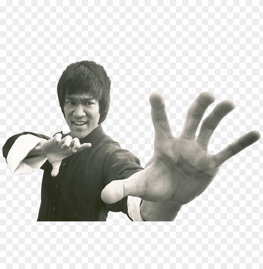 Bruce Lee demonstrating martial arts in a dynamic pose on transparent background.