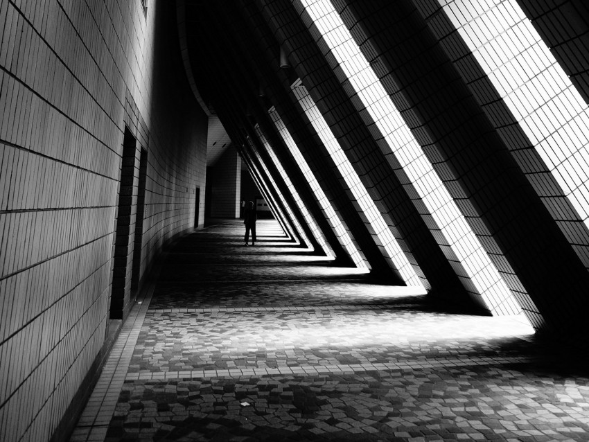 building, architecture, bw, corridor, dark